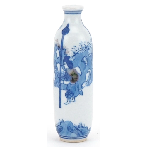 1182 - Chinese blue and white porcelain snuff bottle hand painted with figures and an emperor, 9cm high