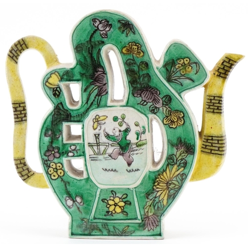 1176 - Chinese porcelain teapot hand painted with flowers and figures, 20cm high