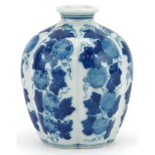 1064 - Chinese blue and white porcelain vase hand painted with fruit on vines, four figure character mark t... 