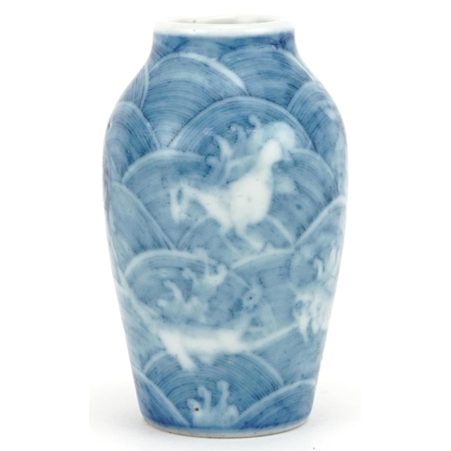 1107 - Chinese blue and white porcelain miniature vase hand painted with fish amongst waves, six figure cha... 