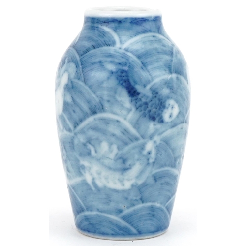 1107 - Chinese blue and white porcelain miniature vase hand painted with fish amongst waves, six figure cha... 