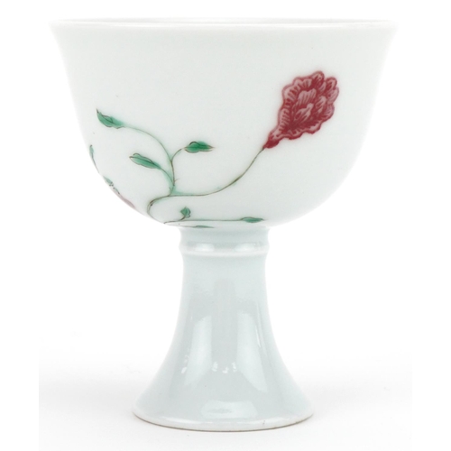 1109 - Chinese porcelain stem cup hand painted with flowers, four figure character mark to the base, 7cm hi... 