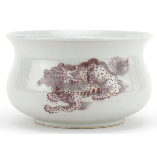 1260 - Chinese porcelain incense burner hand painted with mythical beasts, 17cm in diameter