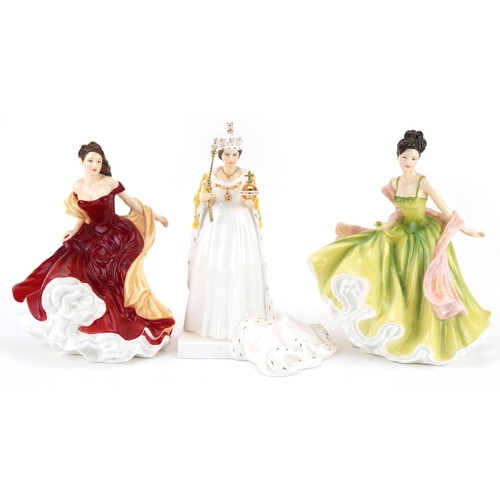 2121 - Three figurines comprising Coalport Diamond Jubilee of Her Majesty Queen Elizabeth II 2012, Royal Do... 