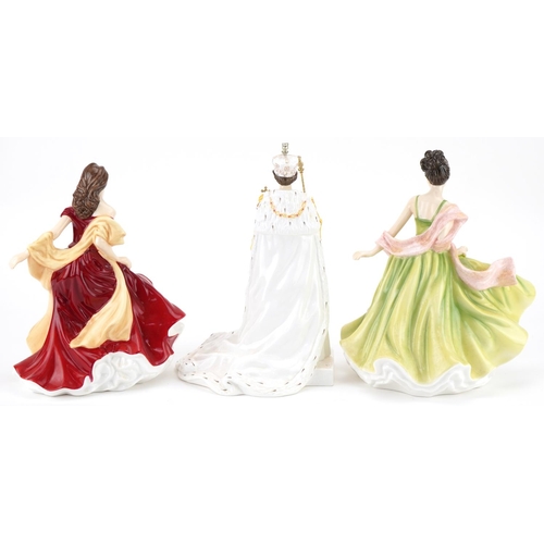 2121 - Three figurines comprising Coalport Diamond Jubilee of Her Majesty Queen Elizabeth II 2012, Royal Do... 