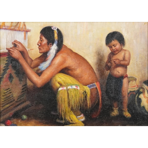 2153 - Father and child, Native American school oil on board, gilt framed, 37cm x 24cm