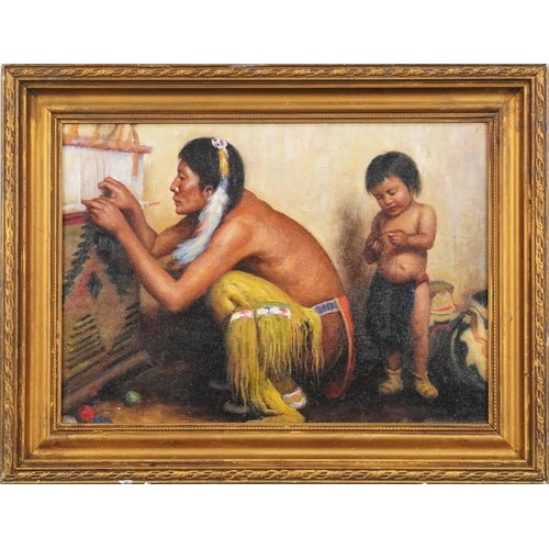 2153 - Father and child, Native American school oil on board, gilt framed, 37cm x 24cm