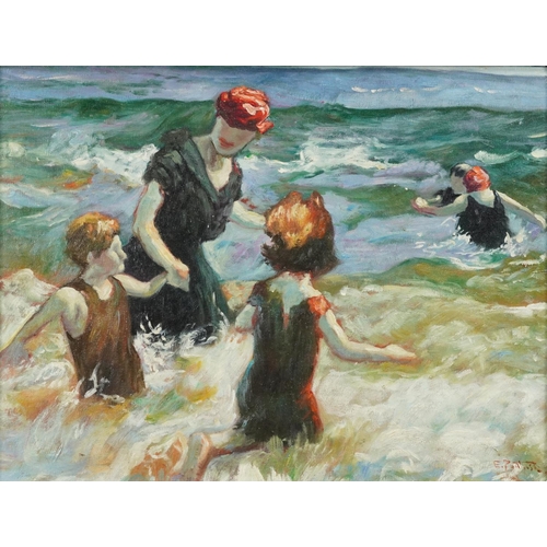 2159 - Figures playing in the sea, British Impressionist oil on board, framed, 42cm x 31cm