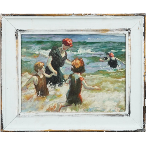 2159 - Figures playing in the sea, British Impressionist oil on board, framed, 42cm x 31cm