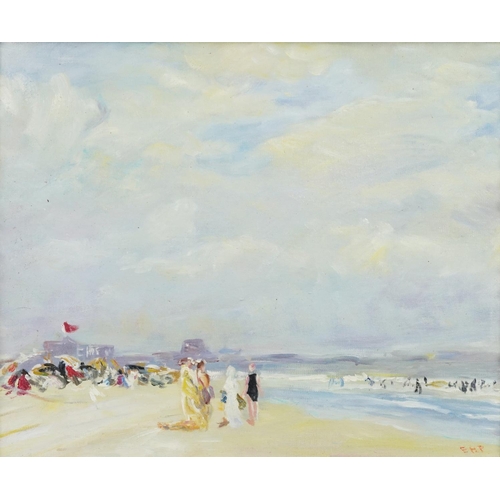 2200 - Beach scene, American Impressionist oil on board, gilt framed, 43cm x 35cm