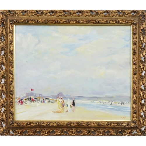 2200 - Beach scene, American Impressionist oil on board, gilt framed, 43cm x 35cm