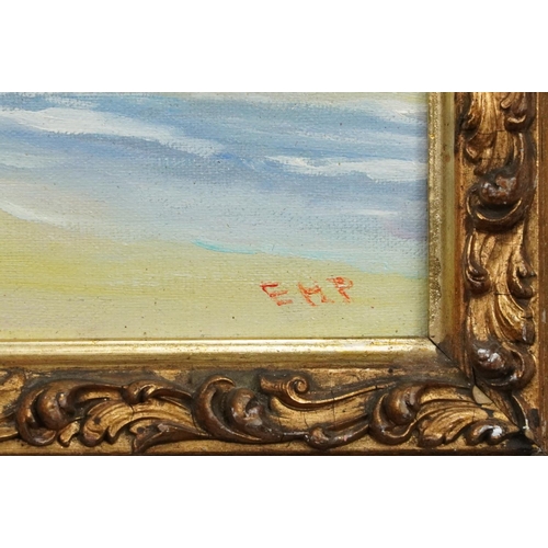 2200 - Beach scene, American Impressionist oil on board, gilt framed, 43cm x 35cm