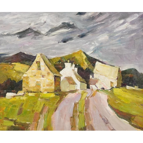 1055 - School of K Williams - Buildings before landscape, Welsh Impressionist oil on canvas, framed, 53cm x... 