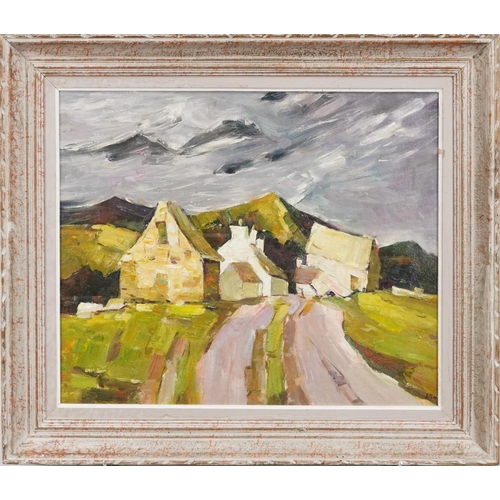 1055 - School of K Williams - Buildings before landscape, Welsh Impressionist oil on canvas, framed, 53cm x... 