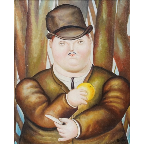 1184 - After Fernando Botero, a gentleman holding an orange, oil on board, framed, 44cm x 36cm