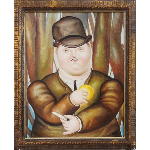 1184 - After Fernando Botero, a gentleman holding an orange, oil on board, framed, 44cm x 36cm