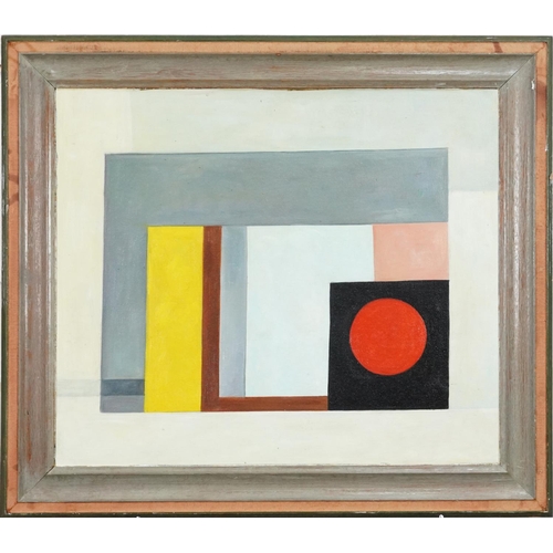 2196 - Abstract composition, geometric shapes, oil on board, framed, 60cm x 52cm