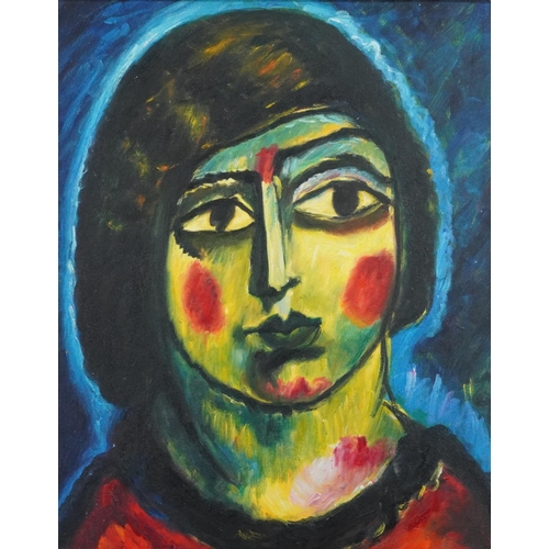 1290 - Abstract female - head and shoulders portrait, oil on board, framed, 48cm x 39cm