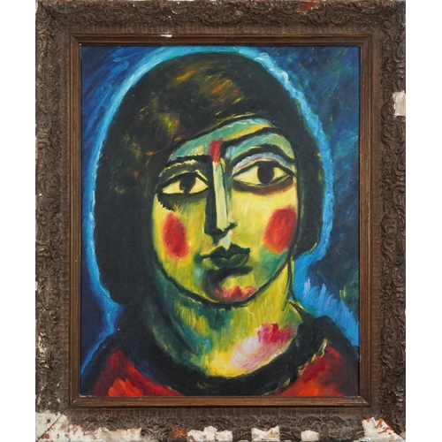 1290 - Abstract female - head and shoulders portrait, oil on board, framed, 48cm x 39cm