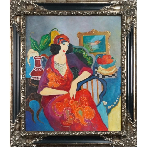 1053 - Female seated in a chair, European school oil on board, framed, 60cm x 50cm