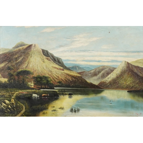 2191 - Cattle watering and fisherman before mountains, Scottish school oil on canvas, gilt framed, 56cm x 3... 