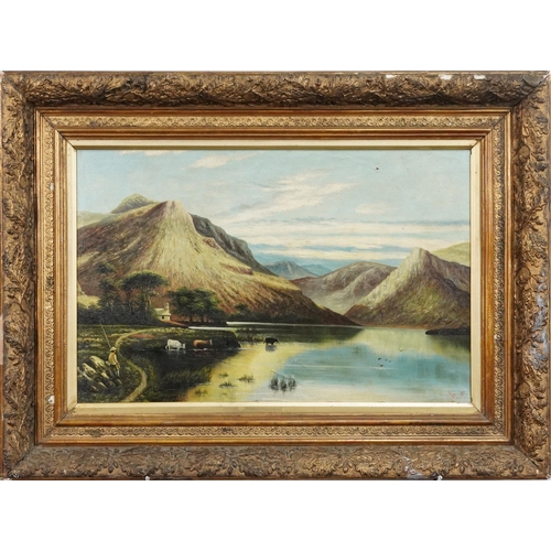 2191 - Cattle watering and fisherman before mountains, Scottish school oil on canvas, gilt framed, 56cm x 3... 