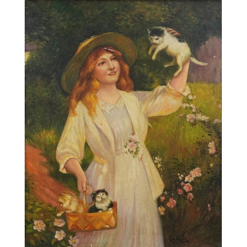 1141 - Female with cats, English school oil on board, framed, 61cm x 48cm