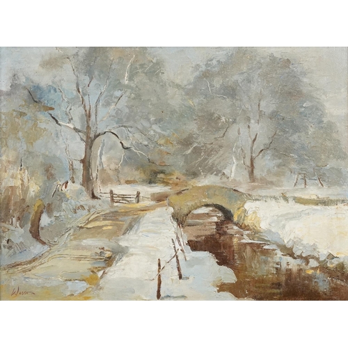 2296 - Manner of Wesson - Winter landscape scene, oil board, gilt framed, 49cm x 35cm