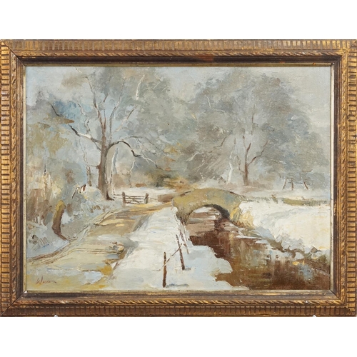 2296 - Manner of Wesson - Winter landscape scene, oil board, gilt framed, 49cm x 35cm