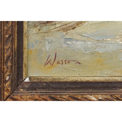 2296 - Manner of Wesson - Winter landscape scene, oil board, gilt framed, 49cm x 35cm