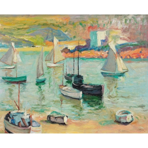 2240 - Sailing vessels, St Ives, Impressionist oil on board, framed, 49cm x 39cm