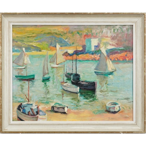 2240 - Sailing vessels, St Ives, Impressionist oil on board, framed, 49cm x 39cm