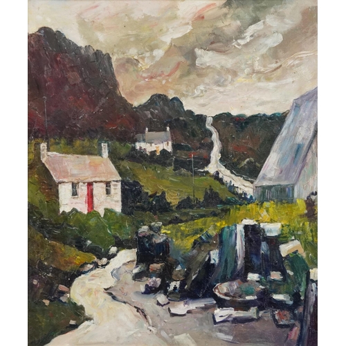 1192 - Cottages before mountains, Welsh school oil on canvas, gilt framed, 59cm x 50cm