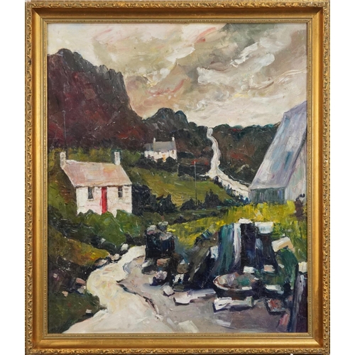 1192 - Cottages before mountains, Welsh school oil on canvas, gilt framed, 59cm x 50cm