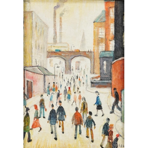 1188 - Manner of Laurence Stephen Lowry - Busy street scene, oil on board, framed, 38cm x 25cm