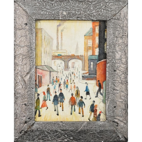 1188 - Manner of Laurence Stephen Lowry - Busy street scene, oil on board, framed, 38cm x 25cm