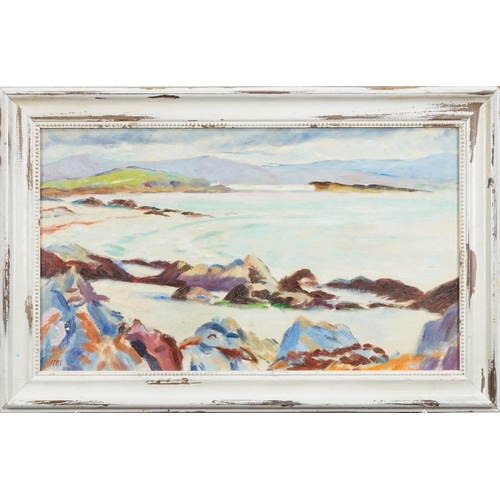 2267 - Scottish beach scene, oil on board, contemporary framed, 50cm x 29cm