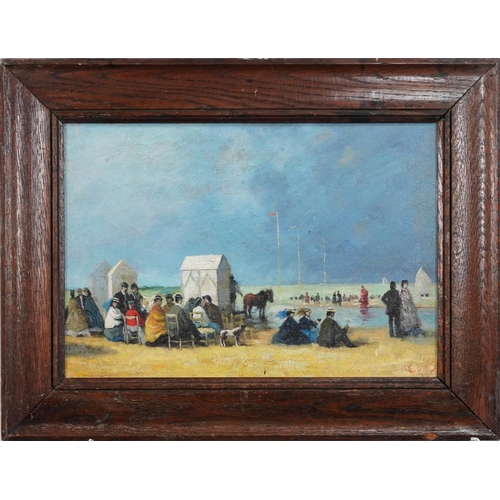 1238 - Manner of Boudin - Busy beach scene, French Impressionist oil on board, framed, 40cm x 27cm