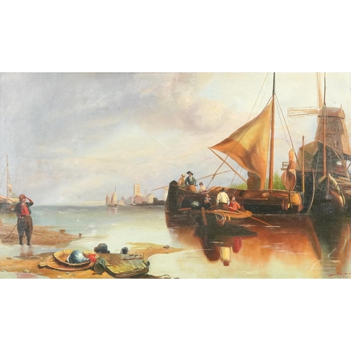 2302 - Moored Dutch fishing boats, oil on board, framed, 57cm x 33cm