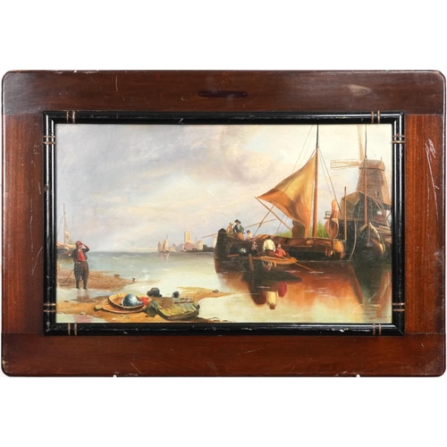 2302 - Moored Dutch fishing boats, oil on board, framed, 57cm x 33cm