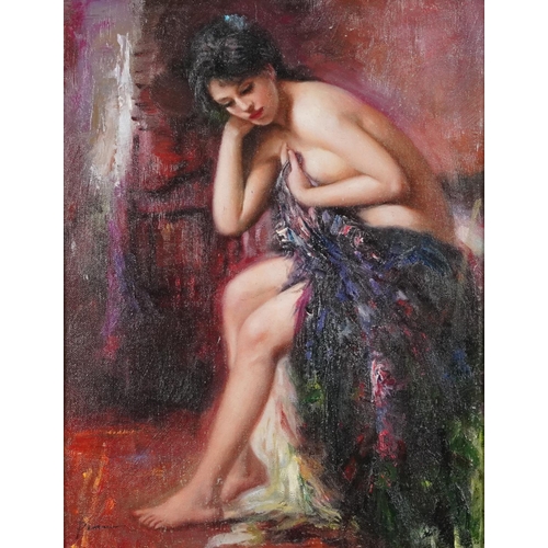 2155 - Semi nude female seated on a bed, French impressionist oil on board, gilt framed, 35cm x 27cm