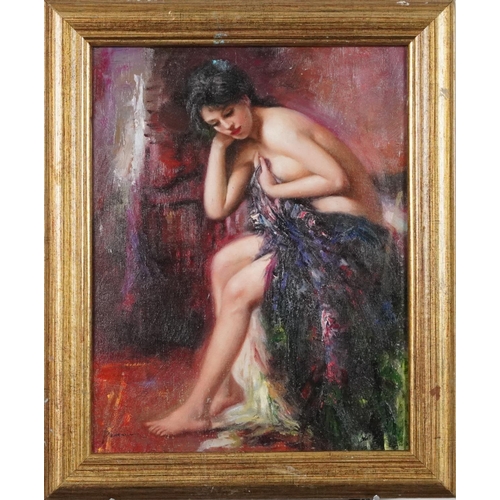 2155 - Semi nude female seated on a bed, French impressionist oil on board, gilt framed, 35cm x 27cm