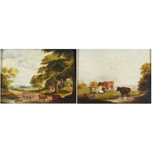 After Thomas Sidney Cooper - Cattle, pond and cottage and cattle in landscape by stream, pair of oil on canvas mounted in gilt frames, each 40cm x 30cm