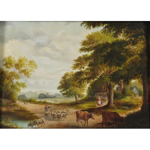 2154 - After Thomas Sidney Cooper - Cattle, pond and cottage and cattle in landscape by stream, pair of oil... 