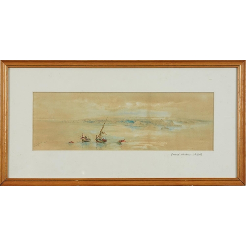 1416 - Godfrey - Valletta Harbour and HMS Ramillies Malta, pair of watercolours mounted in oak frames, each... 