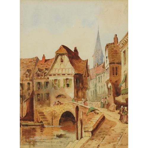 1191 - Wallen - Continental canal scene possibly Bruges, watercolour, mounted and glazed in a gilt frame, 2... 