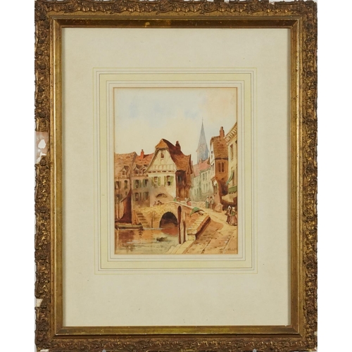 1191 - Wallen - Continental canal scene possibly Bruges, watercolour, mounted and glazed in a gilt frame, 2... 