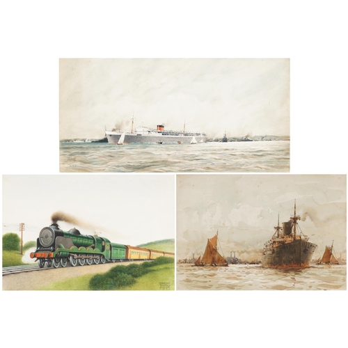 Herbert C Ahier - Union Castle ship in Southampton waters, The Southern King Arthur Class Express Railway Locomotive and Shipping in the Thames, watercolours, unframed, the largest 37cm x 19cm
