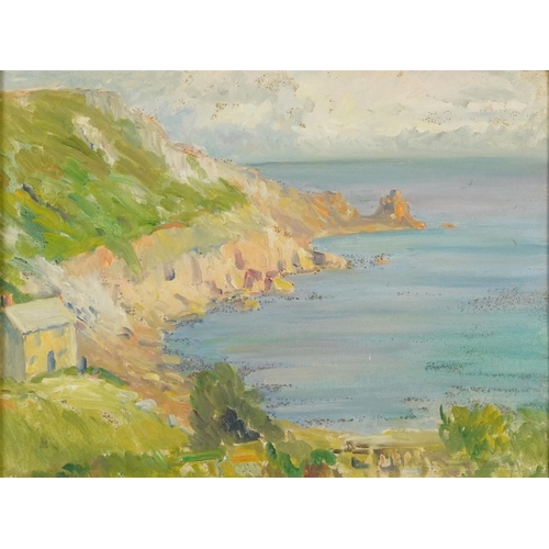 1142 - Elizabeth Lamorna Kerr - Rocky Cove, Newlyn school oil on panel, together with rocks and Mullion Har... 