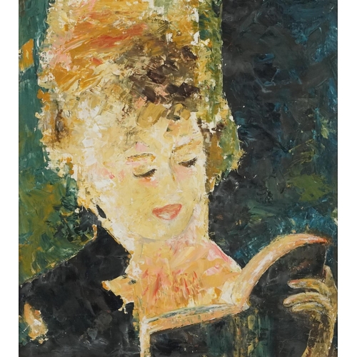 1233 - Lady reading a book, oil on board, mounted in a gilt frame, 41cm x 37cm